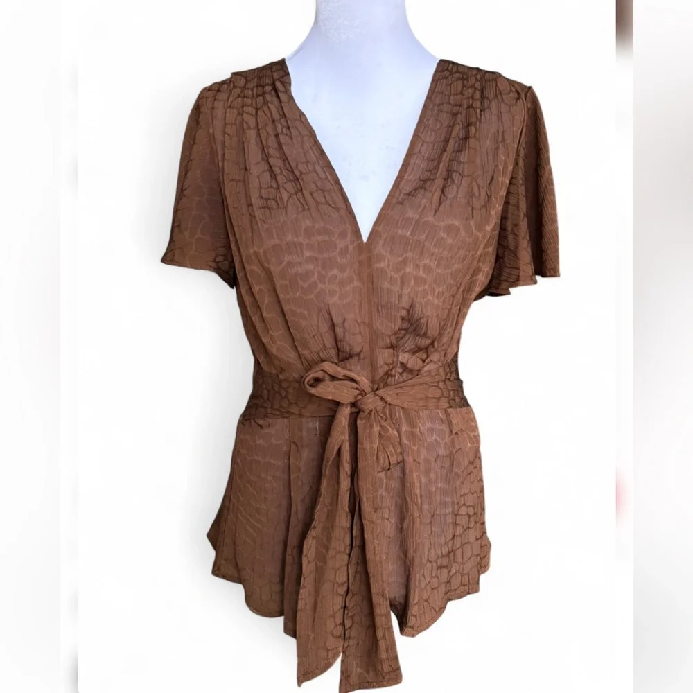 Brown Textured Wrap Blouse Tie Waist Flutter Sleeve Boho Top
